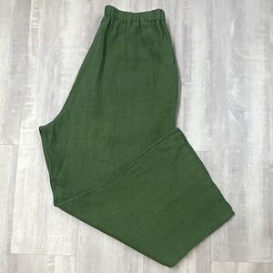 FLAX Women's Green Linen Straight Leg Pants Elastic Waist Pockets Size S